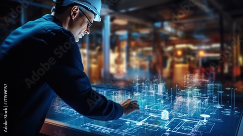 Engineer working Futuristic Technology at manufacturing, Using Augmented Reality Application, a high-tech manufacturing facility, or a research and development environment