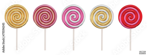 Set of metallic colorful sweet lollipops isolated on white background. 3d realistic, swirl, colored sugar candies on stick. Gold lollipop. 3D Vector illustration.