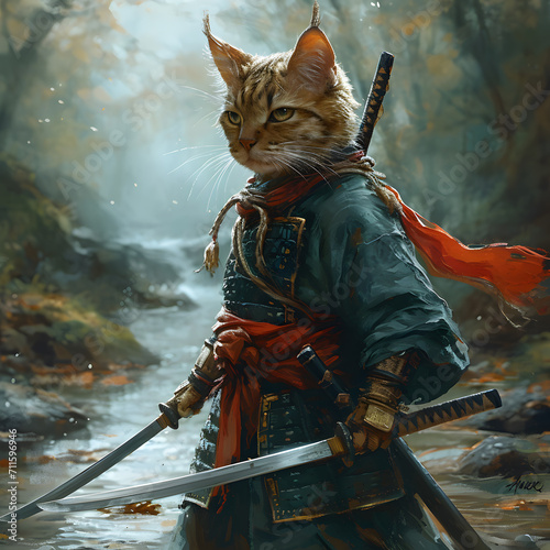Portrait of a cat in a costume of a samurai with a sword.