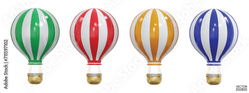 3D Colorful hot air balloons with baskets travel isolated on white background. Summer balloon journey. 3D vector illustration.