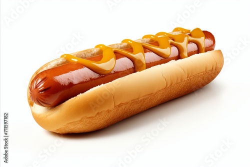 Delicious hotdog with tangy mustard, ketchup, and crunchy pickles on white background