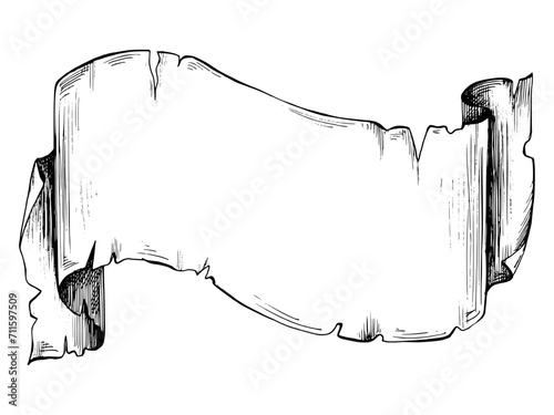 A papyrus scroll antique with jagged edges. Graphic illustration hand drawn in black ink. Isolated object EPS vector.