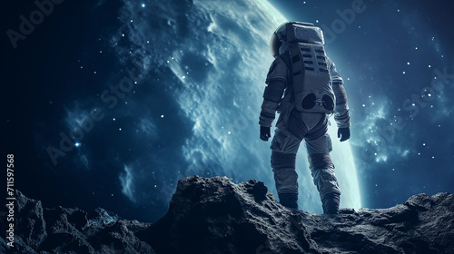 An astronaut in outer space in a spacesuit looks at distant planets and the starry sky