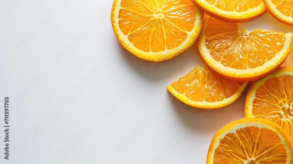 Fototapeta premium Fresh orange slices arrayed on a white background, full of zest and color