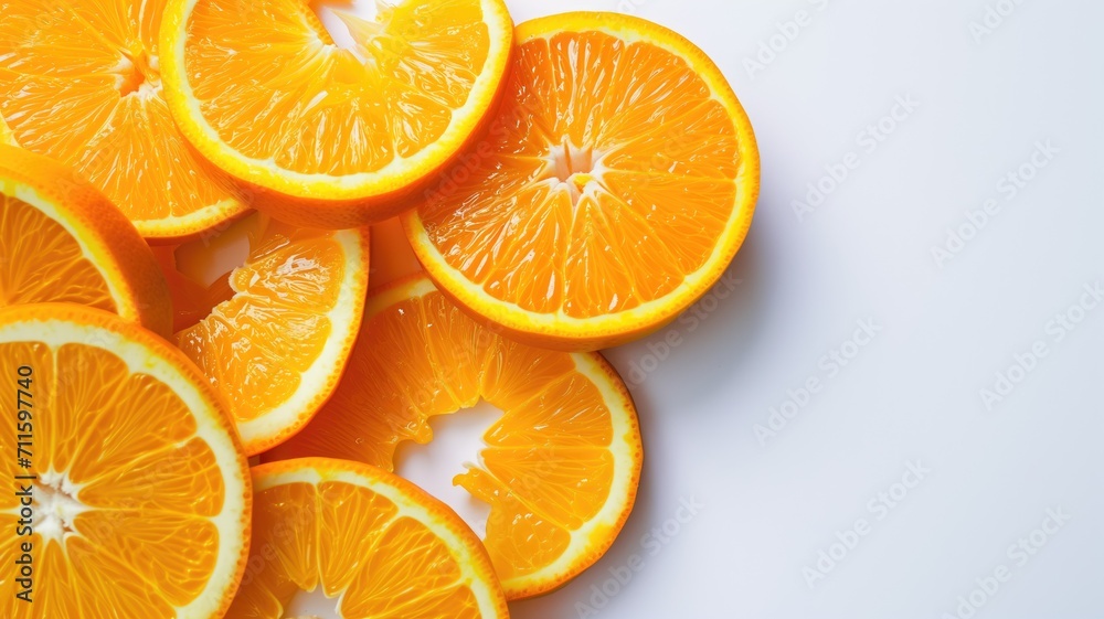 Fototapeta premium Sliced fresh oranges on a white background, vibrant and juicy
