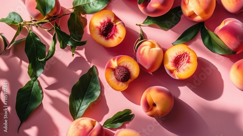 Halved peaches casting shadows on a pink background © Artyom