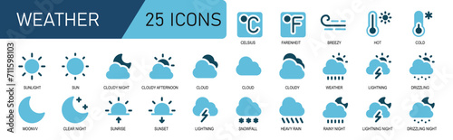 weather icon set .duo tone style.contains weather,rain,storm,thermometer,temperature,clouds,sun,moon.good for web weather forecasts.white background editable stroke.
