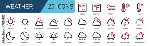 weather icon collection.style 2 line color.contains weather,rain,storm,thermometer,temperature,sunny,sky,clouds,sun,moon. great for web weather forecasts.

