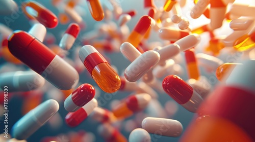 A 3D render of various colorful capsules and pills suspended in mid-air against a vibrant blue background with soft cloud shapes, representing healthcare, medicine, and pharmaceutical concepts.