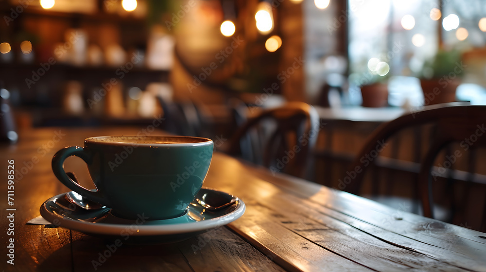 Cozy Cafe Ambiance with a Cup of Coffee on Wooden Table