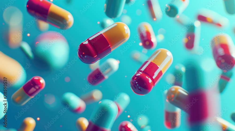 A 3D render of various colorful capsules and pills suspended in mid-air against a vibrant blue background with soft cloud shapes, representing healthcare, medicine, and pharmaceutical concepts. A 3D render of various colorful capsules and pills suspended in mid-air against a vibrant blue background with soft cloud shapes, representing healthcare, medicine, and pharmaceutical concepts.