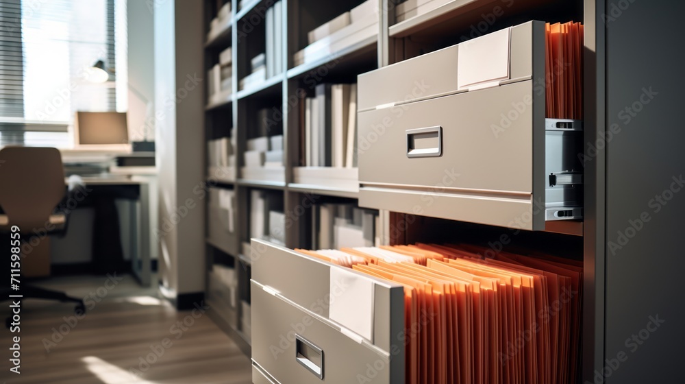 Modern office storage with a single file cabinet drawer ajar, revealing neatly arranged documents Modern office storage with a single file cabinet drawer ajar, revealing neatly arranged documents