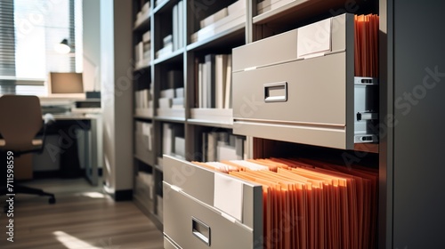 Modern office storage with a single file cabinet drawer ajar, revealing neatly arranged documents © PRI