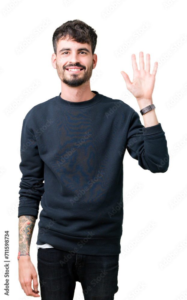 Young handsome man over isolated background showing and pointing up with fingers number five while smiling confident and happy. Young handsome man over isolated background showing and pointing up with fingers number five while smiling confident and happy.