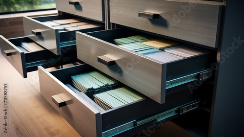Modern office storage with a single file cabinet drawer ajar, revealing neatly arranged documents photo