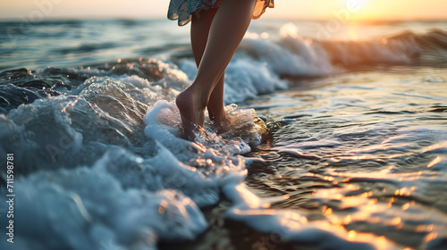 Barefoot Walk on the Beach at Sunset with Waves Crashing © HappyKris