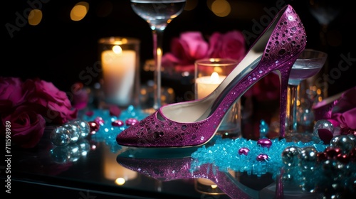 Festive celebration atmosphere with party footwear and sparkling decorations bathed in magenta and teal hues