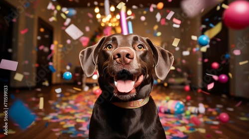 Pet birthday party scene with a happy dog in a festive hat, with vibrant dots of confetti in the air