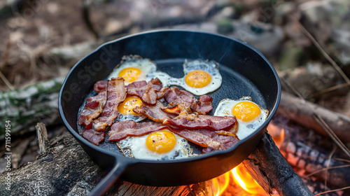 Outdoor breakfast with bacon and fried eggs in an iron pan