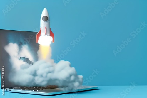 Rocket taking off from laptop screen on blue background, startup and business concept. photo