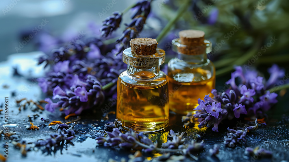 Lavender Essential Oils in Glass Bottles with Fresh Flowers Lavender Essential Oils in Glass Bottles with Fresh Flowers