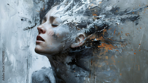 Expressive Woman with Dynamic Paint Splashes on Monochrome Background