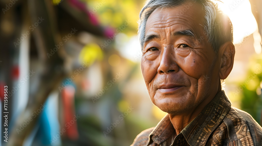 Contemplative Senior Asian Man in Autumn Light
