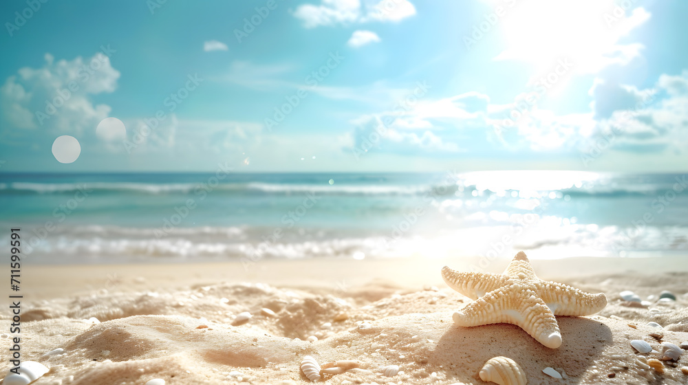Serene Beach Scene with Starfish and Shells on Sand Against Ocean Background