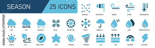 season icon set.duo tone style.contains snowfall,wind meter,wind,storm,temperature,fog,sea tide,rainbow,lightning.good for weather forecast.