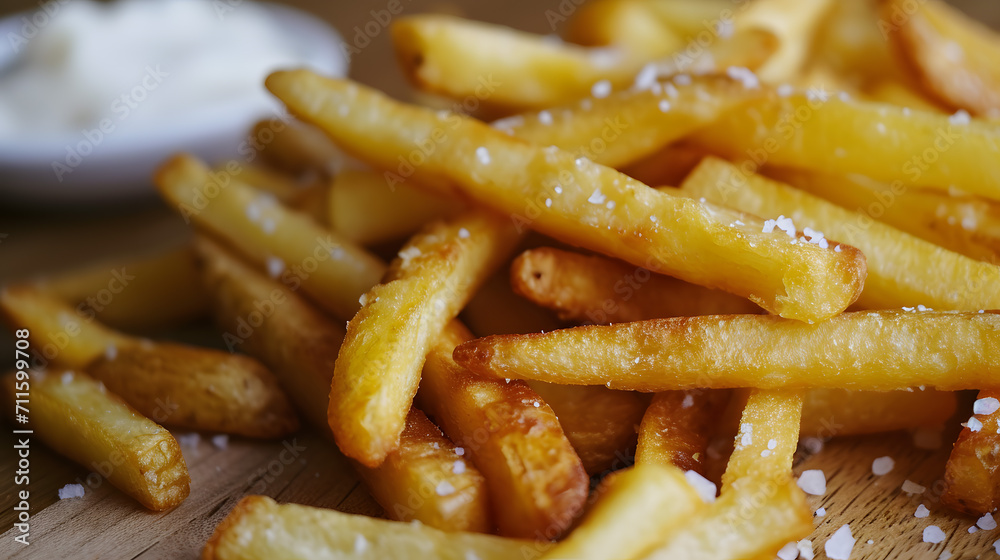 Crispy Golden French Fries in Wooden Bowl Closeup Crispy Golden French Fries in Wooden Bowl Closeup