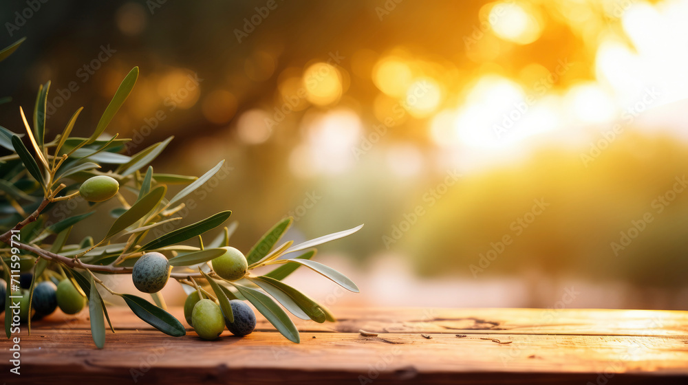 Branch of green olives with leaves on empty wooden table on blurred natural background of olive garden. Sunset sunlight. Mockup for your design, product advertising - obrazy, fototapety, plakaty 