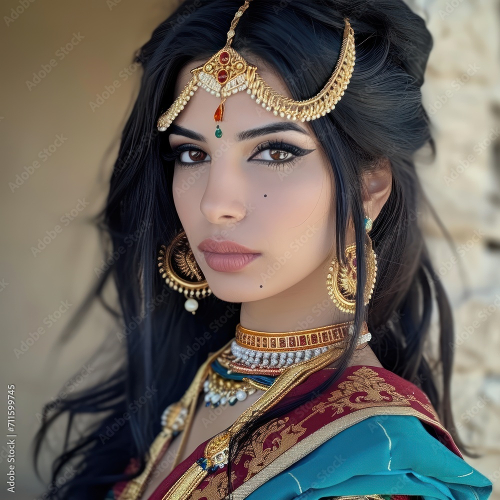 Woman in the Goddess Ancient Indus Valley Civilization Beauty Style - Beautiful Goddess Girl Background created with Generative AI Technology