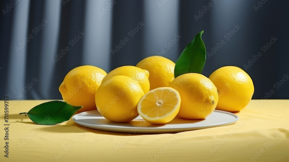 Yellow illuminating lemons on Ultimate gray tablecloth. Isometric view minimal still life