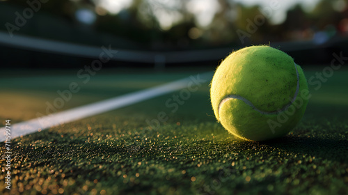Tennis Ball on Court with Sunset Glow Reflections
