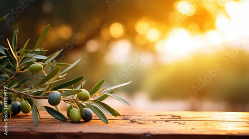 Branch of green olives with leaves on empty wooden table on blurred natural background of olive garden. Sunset sunlight. Mockup for your design, product advertising photo