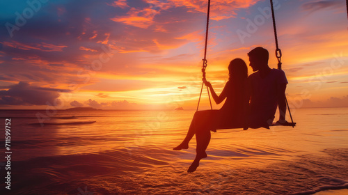 Romantic couple in love sitting together on rope swing at sunset beach, silhouettes of young man and woman on holidays or honeymoon