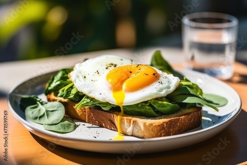 Healthy breakfast. Avocado toast. Whole grain bread with avocado, poached egg, spinach leaves, cheese in a plate on the table, top view. Diet food, healthy organic food, health care