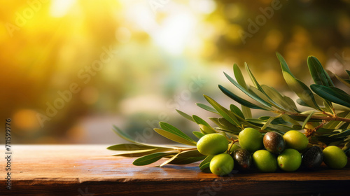Branch of green olives with leaves on empty wooden table on blurred natural background of olive garden. Sunset sunlight. Mockup for your design, product advertising