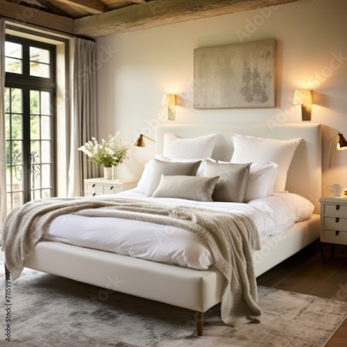 French country interior design of modern bedroom in farmhouse.