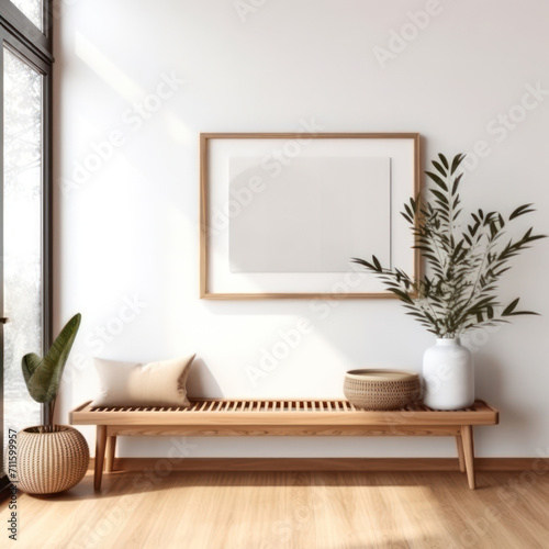 Wooden bench against white wall with poster frame. Ethnic farmhouse interior design of modern entrance hall. photo