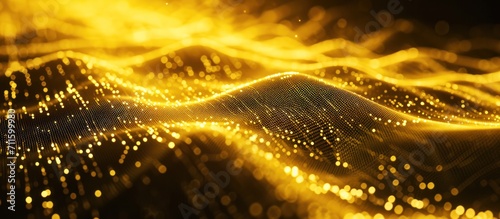 Network security, Wave of dots and weave lines. Abstract yellow background for design on the topic of cyberspace, big data, metaverse, , data transfer on dark yellow abstract cyberspace background