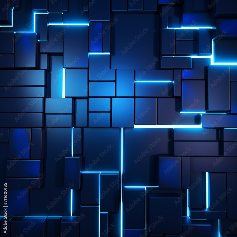 Navy blue abstract joining tiles with neon effect and lighting coming through the gaps in the tiles. 3D rendering design illustration. Navy blue abstract joining tiles with neon effect and lighting coming through the gaps in the tiles. 3D rendering design illustration.