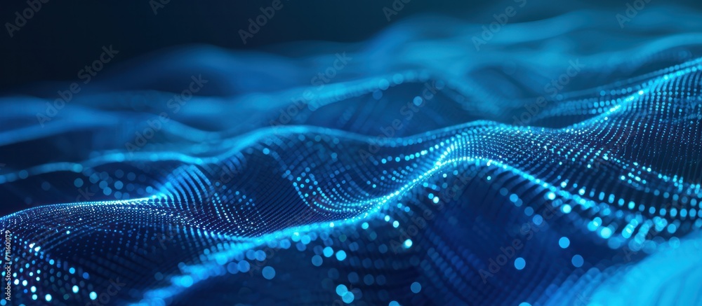 Network security, Wave of dots and weave lines. Abstract Blue Background for design on the topic of cyberspace, big data, metaverse, , data transfer on dark Blue abstract cyberspace background - obrazy, fototapety, plakaty 