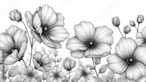Black and white illustration of a tiny small flower that is blooming with a white background. Minimalist style.