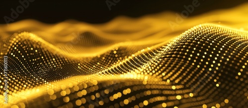 Network security, Wave of dots and weave lines. Abstract yellow background for design on the topic of cyberspace, big data, metaverse, , data transfer on dark yellow abstract cyberspace background