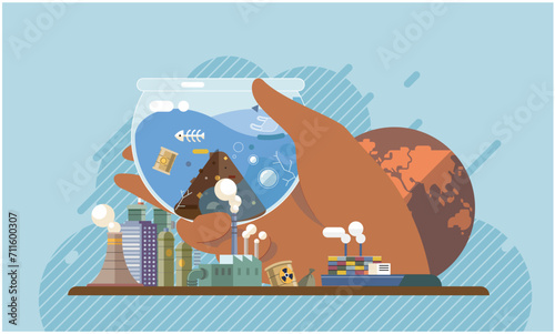 Industrial pollution. Dirty waste. Environmental pollution. Vector illustration. The contamination air, water, and soil is complex issue Factory emitting smoke should be regulated more strictly