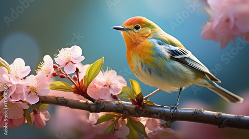 Vibrant songbird perched on a flowering branch in the first light of dawn