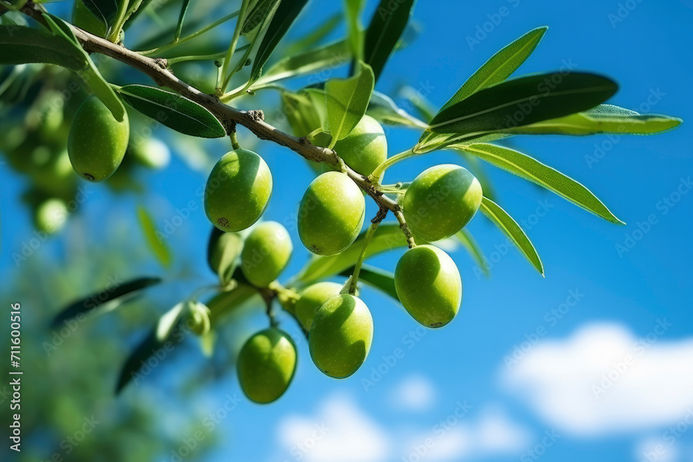 Green olives on tree branch close-up against blue sky. Olive harvest season, healthy organic food, growing to make olive oil