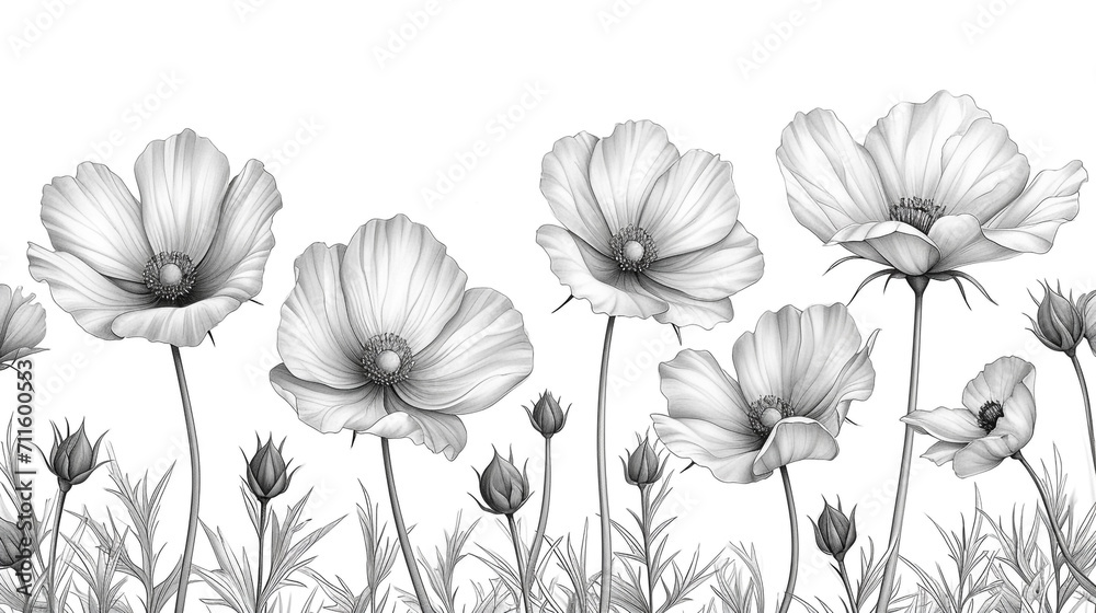 custom made wallpaper toronto digitalBlack and white illustration of a tiny small flower that is blooming with a white background. Minimalist style.