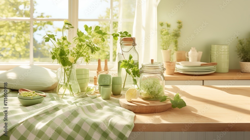 A soft, pastel-themed culinary workspace with subtle hues of green herbs and a light green gingham cloth, bathed in morning light